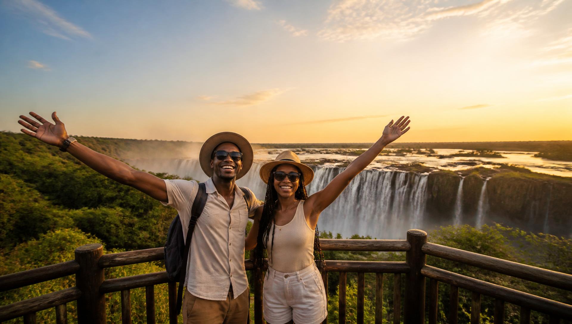 Couple watching a plane take off over Victoria Falls